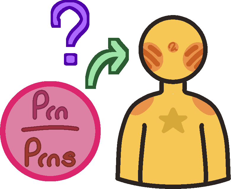  A pink circle with text that reads 'Prn/Prns' is to the left of a nondescript yellow person with a star on their chest. Above the circle is a purple question mark and a green arrow pointing to the person.